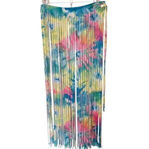 J. Valentine Rave Festival Dance Kandi Rainbow Tie Dye Fringe Suede Skirt Large